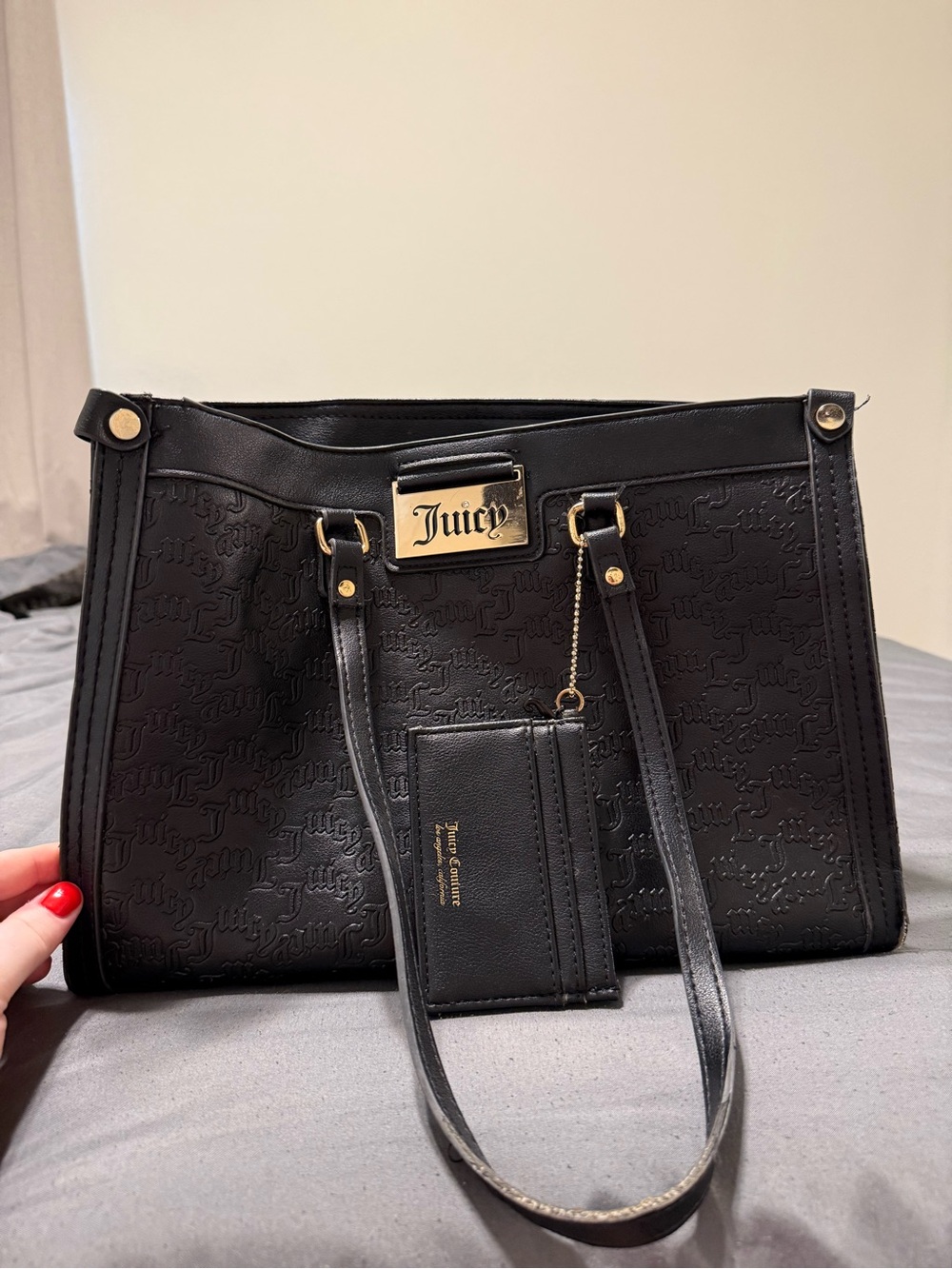 Juicy Couture Black Embossed Tote with Gold Plaque